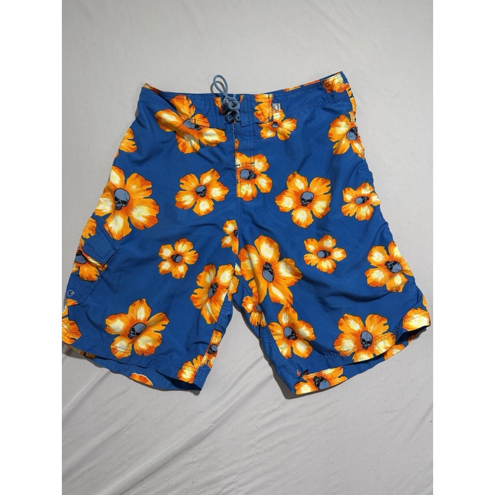 Anchor‎ Blue skull and flower aop swim trunks shorts, men's 34